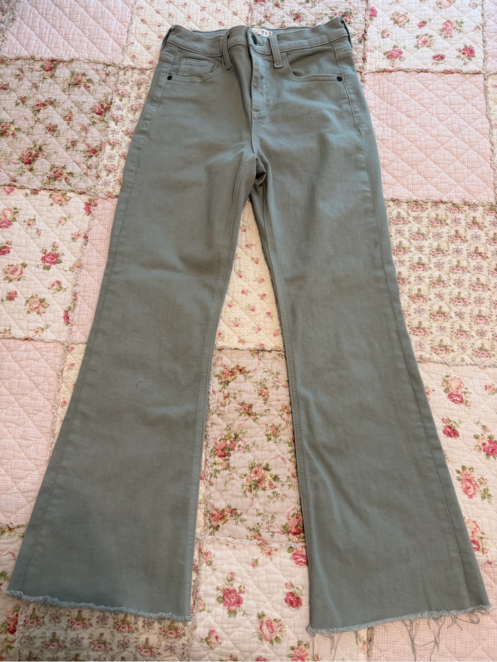 Harper Sage Green Boot Cut Jeans with Frayed Hem